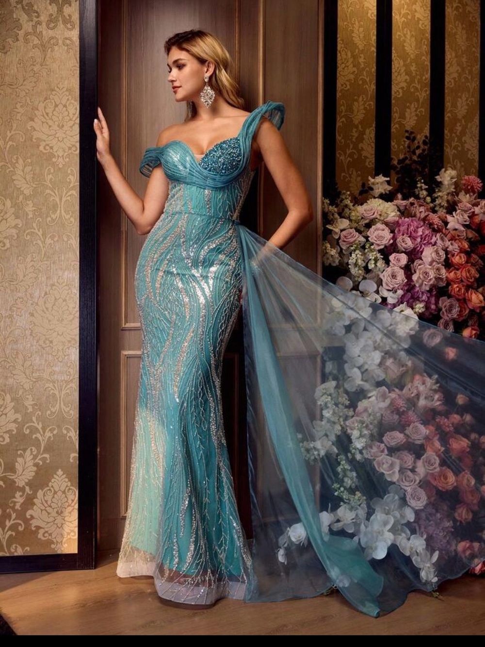 MOTF Aqua Off-Shoulder Beaded Tulle Mermaid Gown